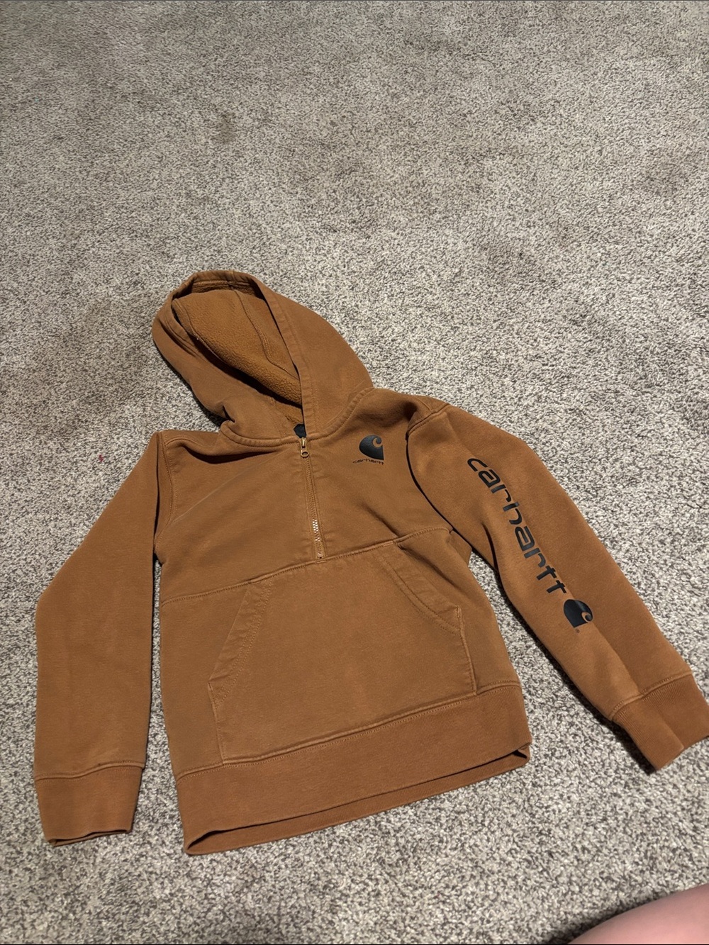 Carhartt Brown/Tan Hooded Half-Zip Pullover with Sleeve Logo